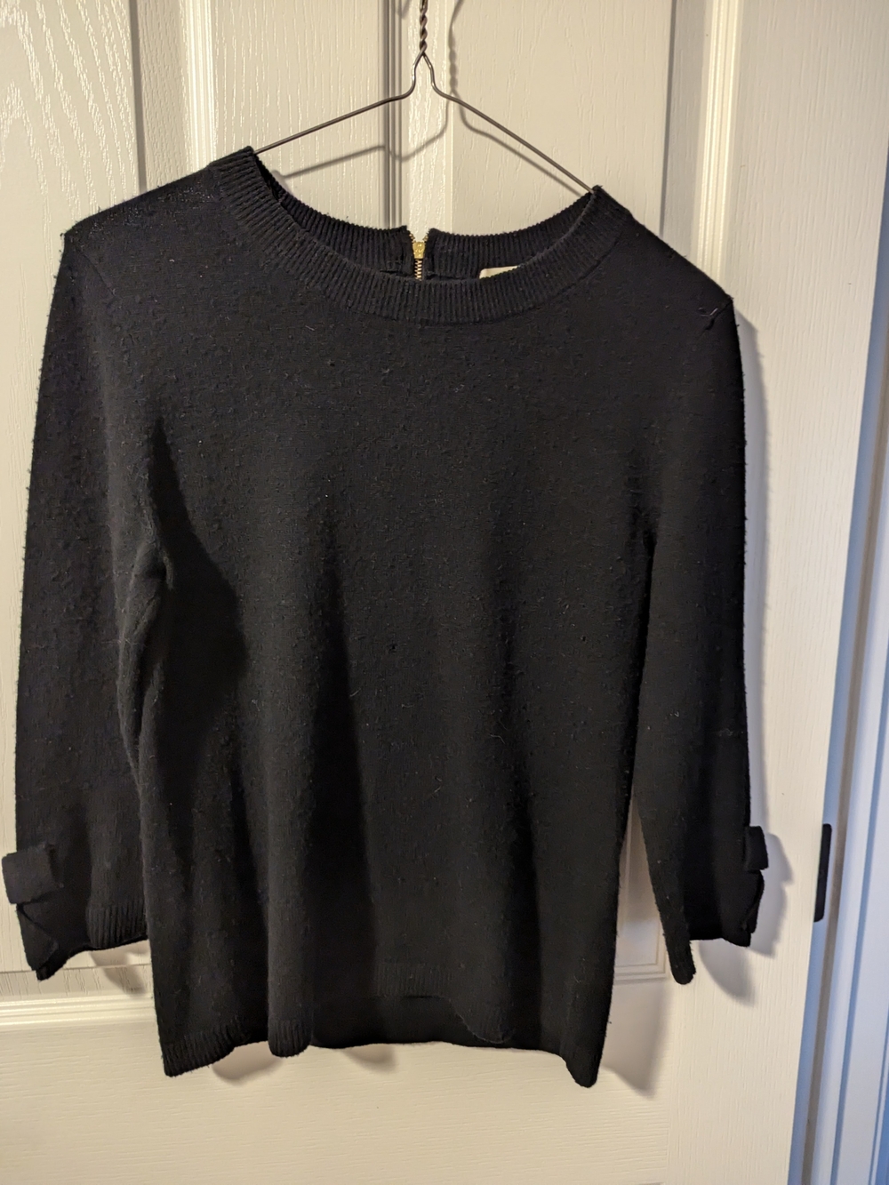 kate spade Black Crewneck Sweater with Bow Cuff Detail